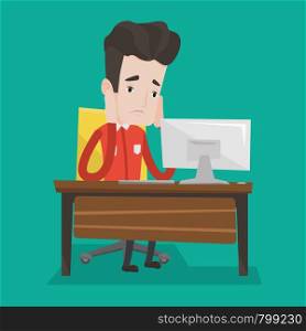 Exhausted caucasian businessman sitting at workplace in front of computer in office. Overworked tired employee working with his head propped on hand. Vector flat design illustration. Square layout.. Exhausted sad employee working in office.
