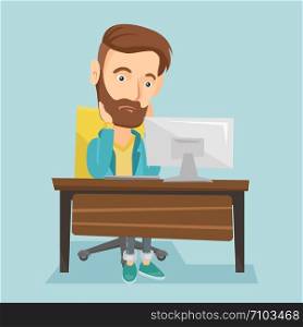 Exhausted caucasian employee sitting at workplace in front of computer in office. Overworked tired employee working with his head propped on hand. Vector flat design illustration. Square layout.. Exhausted sad employee working in office.
