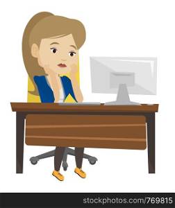 Exhausted caucasian employee sitting at workplace in front of computer in office. Overworked employee working with head propped on hand. Vector flat design illustration isolated on white background.. Exhausted sad employee working in office.
