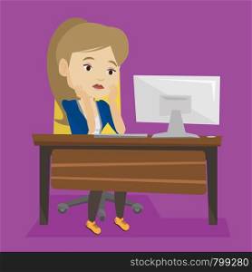 Exhausted caucasian employee sitting at workplace in front of computer in office. Overworked tired employee working with her head propped on hand. Vector flat design illustration. Square layout.. Exhausted sad employee working in office.