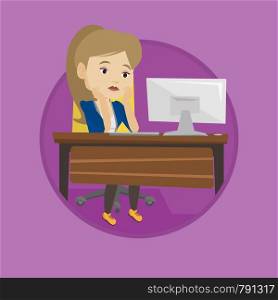 Exhausted employee sitting at workplace in front of computer. Overworked tired employee working with her head propped on hand. Vector flat design illustration in the circle isolated on background.. Exhausted sad employee working in office.
