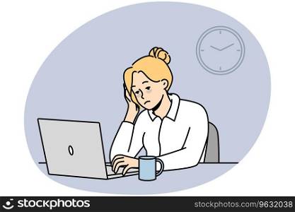 Exhausted female employee sit at office desk work on computer feel sleepy and overwhelmed. Tied woman worker feeling burnout at workplace. Fatigue. Vector illustration.. Tired female employee burnout at office desk