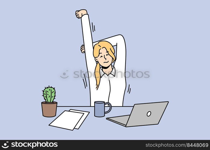 Exhausted female employee stretching sitting at desk in office. Tired woman do gymnastics and exercises at workplace. Sport activity. Vector illustration.. Female employee stretching at workplace