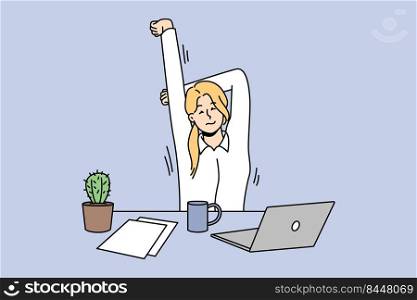 Exhausted female employee stretching sitting at desk in office. Tired woman do gymnastics and exercises at workplace. Sport activity. Vector illustration.. Female employee stretching at workplace