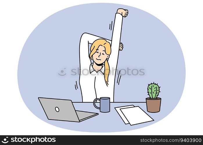 Exhausted female employee stretching sitting at desk in office. Tired woman do gymnastics and exercises at workplace. Sport activity. Vector illustration.. Female employee stretching at workplace