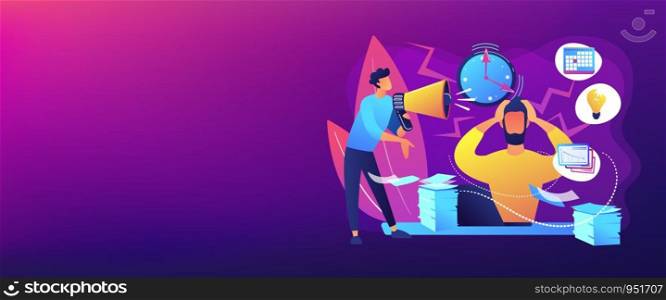 Exhausted, frustrated worker, burnout. Boss shout at employee, deadline. How to relieve stress, acute stress disorder, work related stress concept. Header or footer banner template with copy space.. Stress concept banner header.