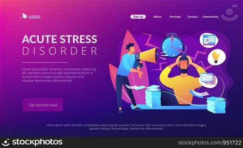 Exhausted, frustrated worker, burnout. Boss shout at employee, deadline. How to relieve stress, acute stress disorder, work related stress concept. Website homepage landing web page template.. Stress concept landing page