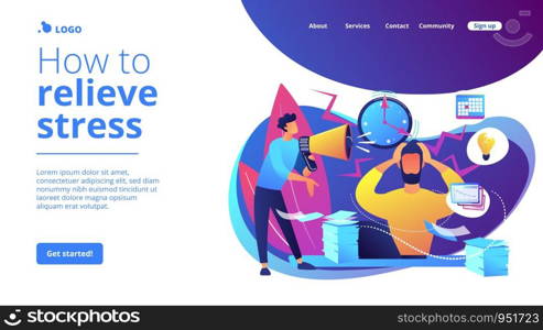 Exhausted, frustrated worker, burnout. Boss shout at employee, deadline. How to relieve stress, acute stress disorder, work related stress concept. Website homepage landing web page template.. Stress concept landing page