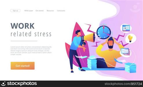 Exhausted, frustrated worker, burnout. Boss shout at employee, deadline. How to relieve stress, acute stress disorder, work related stress concept. Website homepage landing web page template.. Stress concept landing page