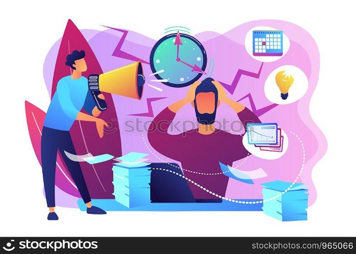Exhausted, frustrated worker, burnout. Boss shout at employee, deadline. How to relieve stress, acute stress disorder, work related stress concept. Bright vibrant violet vector isolated illustration. Stress concept vector illustration