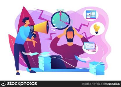 Exhausted, frustrated worker, burnout. Boss shout at employee, deadline. How to relieve stress, acute stress disorder, work related stress concept. Bright vibrant violet vector isolated illustration. Stress concept vector illustration