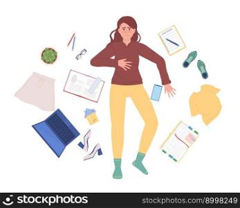 Exhausted girl lying on messy bedroom floor semi flat color vector character. Editable figure. Full body person on white. Simple cartoon style spot illustration for web graphic design and animation. Exhausted girl lying on messy bedroom floor semi flat color vector character