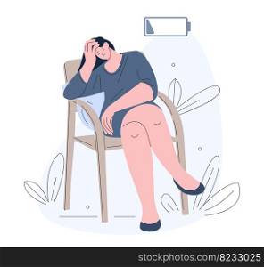Exhausted girl with low energy battery sitting on chair. Tired office woman, fatigue sadness or frustration. Student or business woman kicky vector character of woman exhausted illustration. Exhausted girl with low energy battery sitting on chair. Tired office woman, fatigue sadness or frustration. Student or business woman kicky vector character