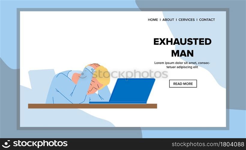 Exhausted Man Sleeping On Laptop In Office Vector. Exhausted Man Businessman With Headache Sleep On Computer At Workspace. Tired And Sad Character Employee Web Flat Cartoon Illustration. Exhausted Man Sleeping On Laptop In Office Vector