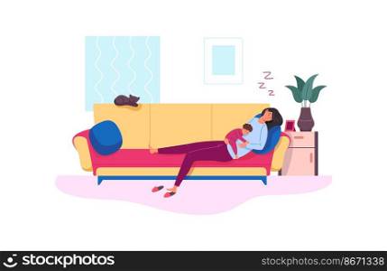 Exhausted mom. Parental stress, tired mother sleep with baby in sofa,vector illustration isolated on white background. Exhausted mom. Parental stress, tired mother sleep with baby in sofa,vector illustration