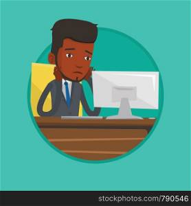 Exhausted office worker sitting at workplace in office. Overworked tired office worker working with his head propped on hand. Vector flat design illustration in the circle isolated on background.. Exhausted sad office worker working in office.