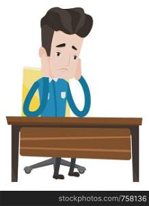 Exhausted student sitting at the table. Tired caucasian student sitting with his head propped on hand. Student having trouble with studying. Vector flat design illustration isolated on background.. Exhausted sad student sitting at the table.