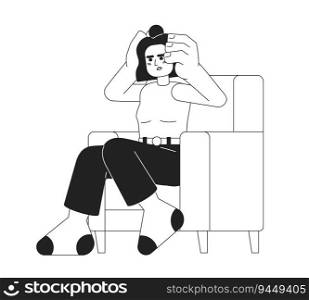 Exhausted woman in armchair monochromatic flat vector character. Hispanic girl holding head in stress. Editable thin line full body person on white. Simple bw cartoon spot image for web graphic design. Exhausted woman in armchair monochromatic flat vector character