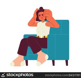 Exhausted woman in armchair semi flat color vector character. Hispanic girl holding head in stress. Editable full body person on white. Simple cartoon spot illustration for web graphic design. Exhausted woman in armchair semi flat color vector character
