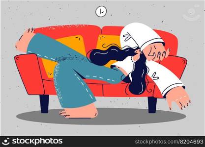 Exhausted young woman lying on couch at home sleeping or taking nap. Tired girl relax daydream on sofa indoors. Relaxation concept. Vector illustration.. Tired woman sleeping on sofa