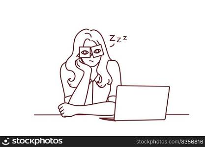 Exhausted young woman sit at desk work on computer overwhelmed with office job. Tired girl feel sleepy overwork at workplace. Fatigue concept. Vector illustration.. Tired woman feel overwhelmed at workplace