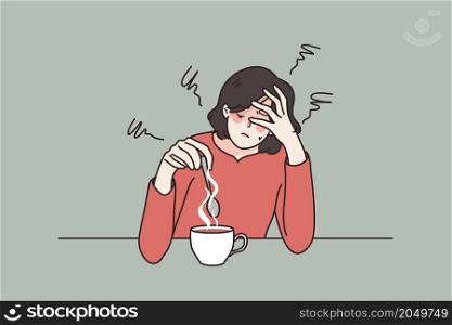 Exhausted young woman sit at table drink coffee feel fatigue or drowsiness. Tired female suffer from overwork lack energy need caffeine. Overwhelmed with work. Flat vector illustration. . Tired woman drink coffee suffer from fatigue