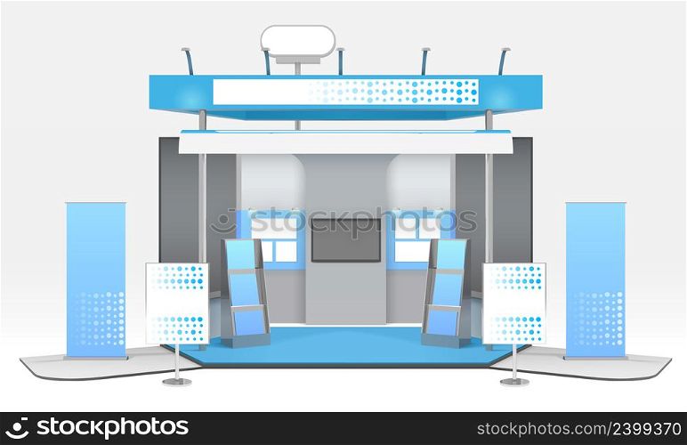 Exhibition advertising stand design with realistic tridimensional stall tv set and exhibit rack with promotional materials vector illustration. Realistic Advertising Exhibit Booth Composition