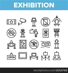 Exhibition And Museum Collection Icons Set Vector Thin Line. Ticket And Picture On Exhibition, Security Video Camera And Diamond On Pedestal Concept Linear Pictograms. Monochrome Contour Illustrations. Exhibition And Museum Collection Icons Set Vector