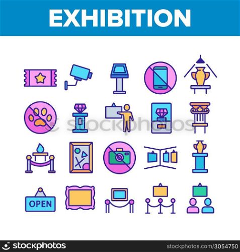 Exhibition And Museum Collection Icons Set Vector Thin Line. Ticket And Picture On Exhibition, Security Video Camera And Diamond On Pedestal Concept Linear Pictograms. Color Contour Illustrations. Exhibition And Museum Collection Icons Set Vector