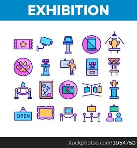 Exhibition And Museum Collection Icons Set Vector Thin Line. Ticket And Picture On Exhibition, Security Video Camera And Diamond On Pedestal Concept Linear Pictograms. Color Contour Illustrations. Exhibition And Museum Collection Icons Set Vector