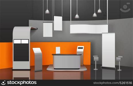 Exhibition Booth 3D Composition. Advertising exhibition stand mockup 3D composition with display fixtures information boards screens chairs desk and lighting vector illustration