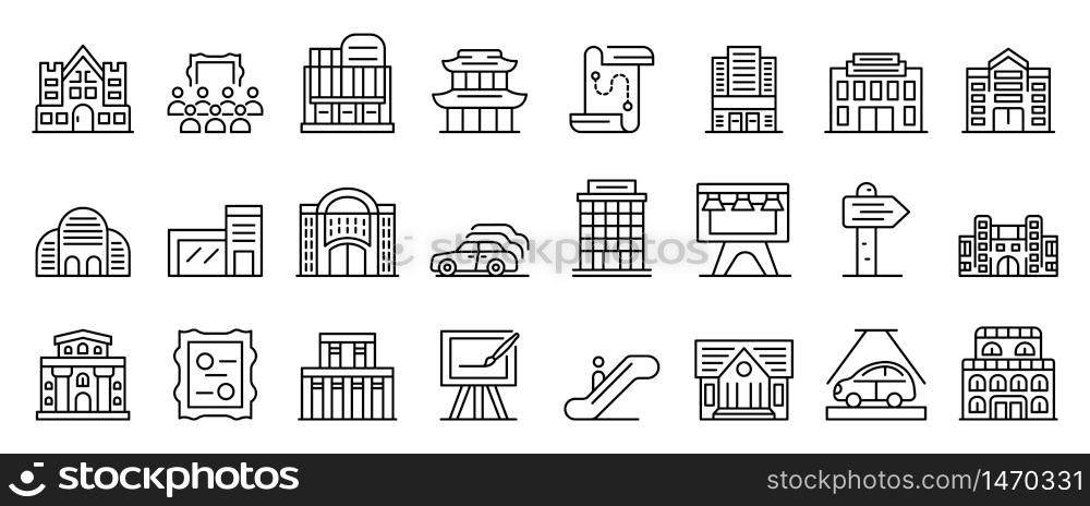 Exhibition center icons set. Outline set of exhibition center vector icons for web design isolated on white background. Exhibition center icons set, outline style