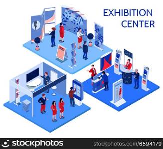 Exhibition center isometric compositions with people looking at expo stands  in gallery hall and communicating with staff vector illustration. Exhibition Center Isometric Compositions