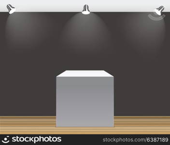 Exhibition Concept, White Empty Box, Stand with Illumination on Gray Background. Template for Your Content. 3d Vector Illustration EPS10. Exhibition Concept, White Empty Box, Stand with Illumination on Gray Background. Template for Your Content. 3d Vector Illustration