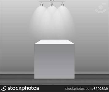 Exhibition Concept, White Empty Box, Stand with Illumination on Gray Background. Template for Your Content. 3d Vector Illustration EPS10. Exhibition Concept, White Empty Box, Stand with Illumination on Gray Background. Template for Your Content. 3d Vector Illustration