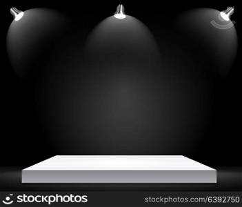 Exhibition Concept, White Empty Shelf Stand with Illumination on Gray Background. Template for Your Content. 3d Vector Illustration EPS10. Exhibition Concept, White Empty Shelf Stand with Illumination on Gray Background. Template for Your Content. 3d Vector Illustration