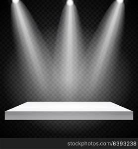 Exhibition Concept, White Empty Shelf Stand with Illumination on Gray Background. Template for Your Content. 3d Vector Illustration EPS10. Exhibition Concept, White Empty Shelf Stand with Illumination on Gray Background. Template for Your Content. 3d Vector Illustration