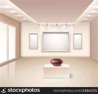 Exhibition gallery interior with brown vase on pedestal decorative wall frames and illumination at ceiling vector illustration . Exhibition Gallery Interior With Brown Vase