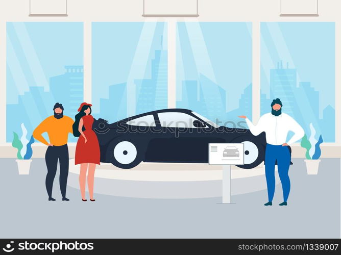 Exhibition, Presentation New Model Car in Showroom. Manager,Business Bearded Man Represent New Dark Car ?ouple Visitors, Guy and Girl Red Dress. Car Dealer. Vector illustration, Flat Design.. Exhibition, Presentation New Model Car in Showroom