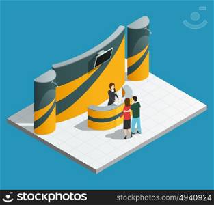 Exhibition promotion stand composition. Exhibition promotion stand composition with isometric promo desk promoter and visitors vector illustration