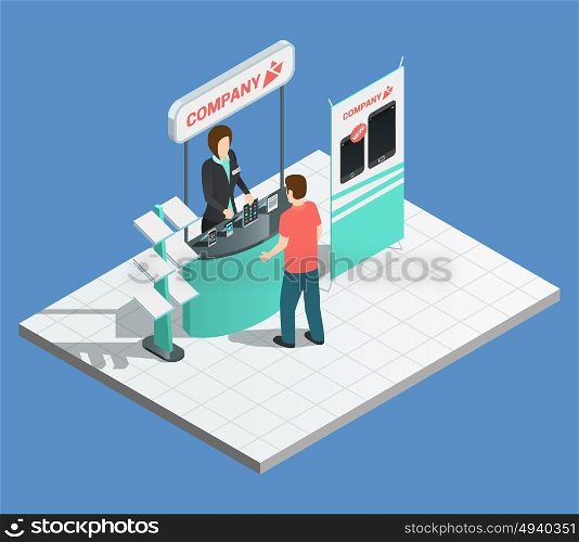 Exhibition promotion stands isometric composition. Exhibition promotion composition with isometric stand and female promoter vector illustration