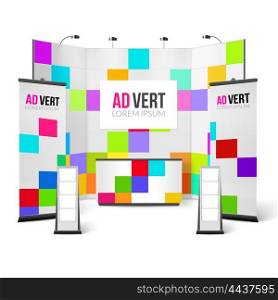Exhibition Stand Bright Design. Exhibition Stand Bright Design. Exhibition Stand Color Template. Exhibition Stand Realistic Vector Illustration. Exhibition Marketing Stand Elements.