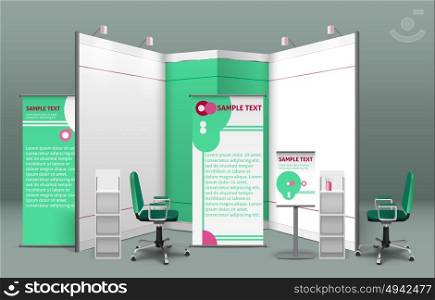 Exhibition Stand Concept. Exhibition stand concept with billboards shelves booths displays and chairs in the same style isolated vector illustration