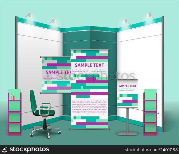 Exhibition stand design template with advertising objects in corporate style isolated vector illustration. Exhibition Stand Design Template