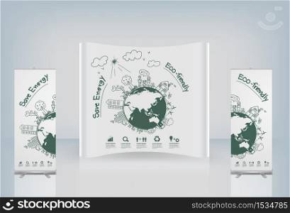 Exhibition stand display booth and roll up banner design, Ecology concept creative drawing on global environment with happy family stories concept idea, Vector illustration modern design template