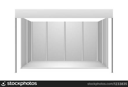 Exhibition stand. White blank indoor trade exhibition booth for presentation commercial advertisement, business standing object vector mockup of empty show room. Exhibition stand. White blank indoor trade exhibition booth for presentation commercial advertisement, business object vector mockup