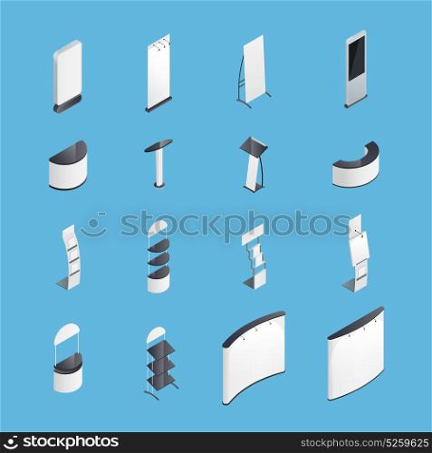 Exhibition Stands Isometric Icons Set. Set of isometric icons with exhibition stands including display desks shelves on blue background isolated vector illustration