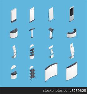 Exhibition Stands Isometric Icons Set. Set of isometric icons with exhibition stands including display desks shelves on blue background isolated vector illustration