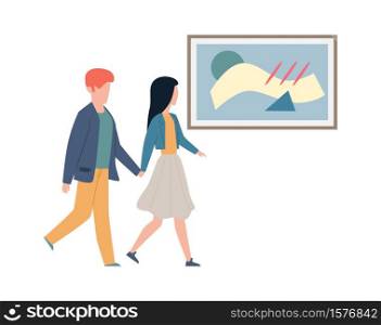 Exhibition visitors looking art. Couple man and woman walk hold hands and look artworks and pictures in frame, date at modern museum or gallery flat cartoon vector isolated illustration. Exhibition visitors looking art. Couple man and woman hold hands and look artworks and pictures, date at modern museum or gallery flat cartoon vector isolated illustration