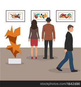 Exhibition visitors viewing modern abstract paintings at contemporary art gallery. People regarding creative artworks or exhibits in museum. Colorful vector illustration in flat cartoon style.
